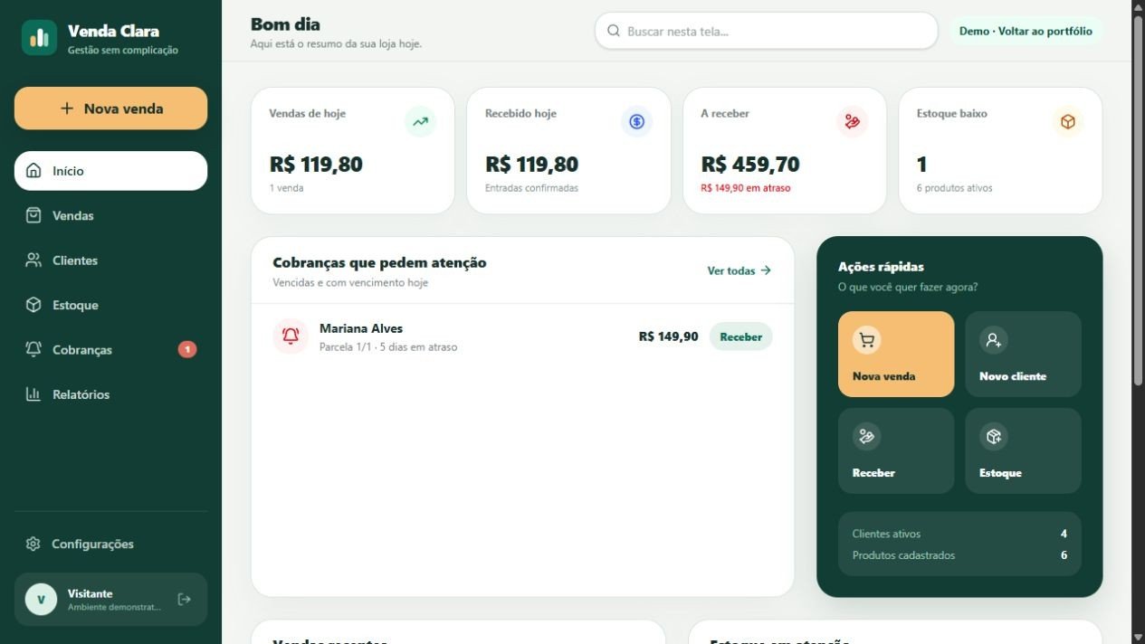 Painel do Venda Clara com vendas, estoque e cobranças